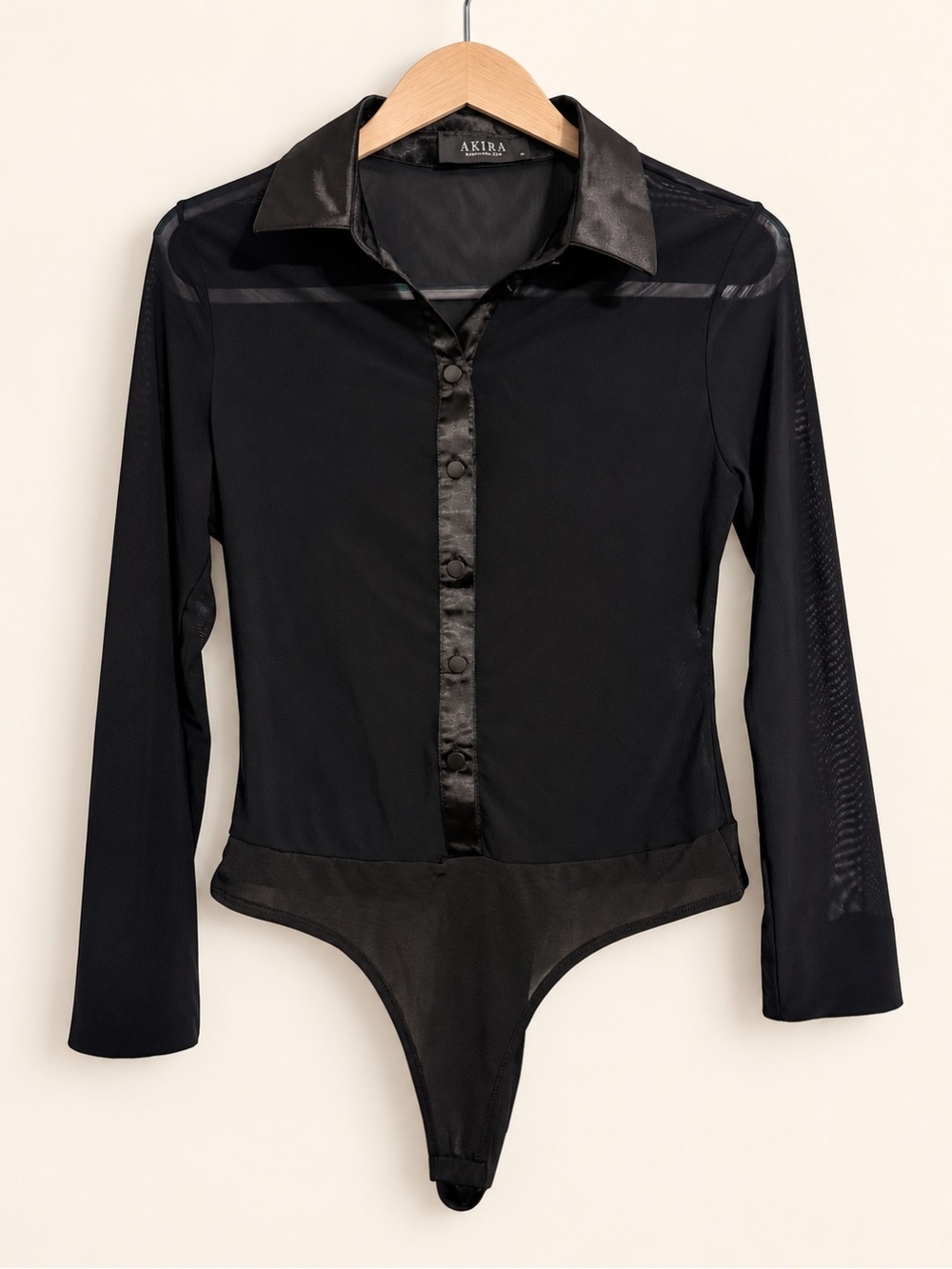 AKIRA Black Sheer Mesh Satin Trim Long Sleeve Bodysuit – Size Medium